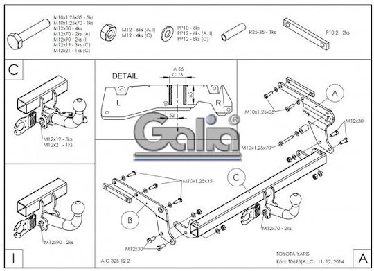 Galia Atașament de remorcare Car Toyota Yaris 2014 - 2020 Automat Tracțiune maximă 1050kg
