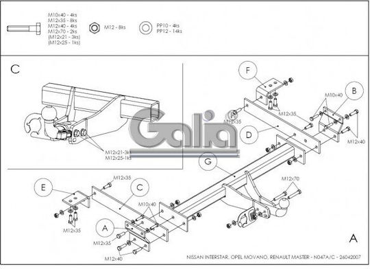 Galia Atașament de remorcare Car Nissan Interstar Van 1998 - 2010 Automat Tracțiune maximă 2300kg