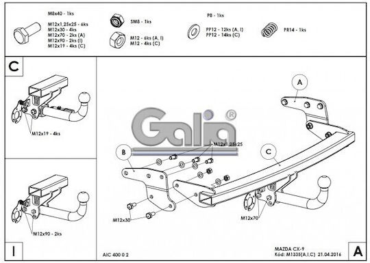Galia Automatic Tow Hook Car Mazda CX-9 Suv 2006 - 2016 Automatic Maximum Towing Weight 1600kg