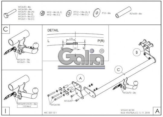 Galia Tow Hook Car Volvo XC 90 2003 - 2015 with bolts Maximum Towing Weight 2250kg with Screws