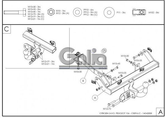 Galia Tow Hook Car Citroen Saxo Hatchback 1995 - 2003 with Bolts Maximum Towing Weight 1100kg with Screws