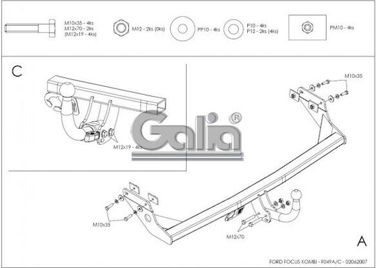 Galia Automatic Tow Hook Car Ford Focus Kombi 1998 - 2005 Automatic Maximum Towing Weight 1300kg