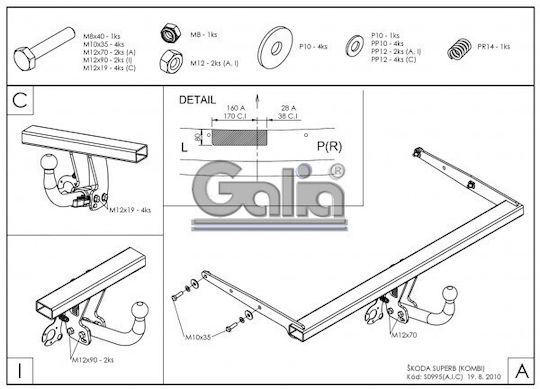 Galia Automatic Tow Hook Car Skoda Superb Kombi 2008 - 2015 Automatic Maximum Towing Weight 2000kg