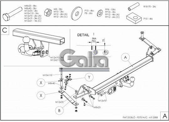 Galia Atașament de remorcare Car Fiat Doblo 2000-2009 Automat detașabil Tracțiune maximă 1500kg