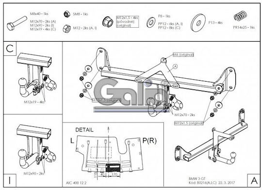 Galia Tow Hook Car BMW Series 3 2013 with Bolts Maximum Towing Weight 1900kg with Screws