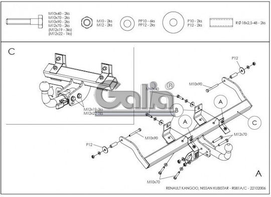 Galia Tow Hook Car Renault Kangoo I Van 1997 with Bolts Maximum Towing Weight 1350kg with Screws