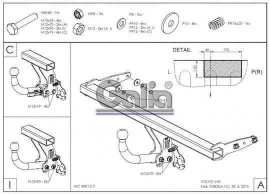 Galia Tow Hook Car Volvo V40 Hatchback 2012 with bolts Maximum Towing Weight 1700kg with Screws