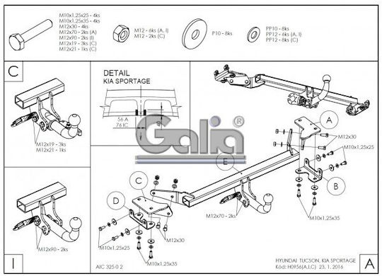 Galia Automatic Tow Hook Car Kia Sportage 2016 - 2018 Automatic Maximum Towing Weight 2200kg