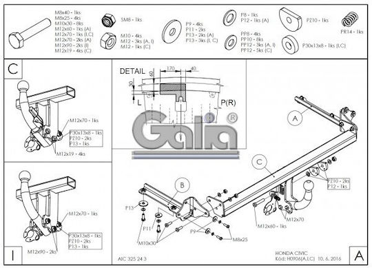 Galia Automatic Tow Hook Car Honda Civic 5 door 2011 Automatic Maximum Towing Weight 1500kg