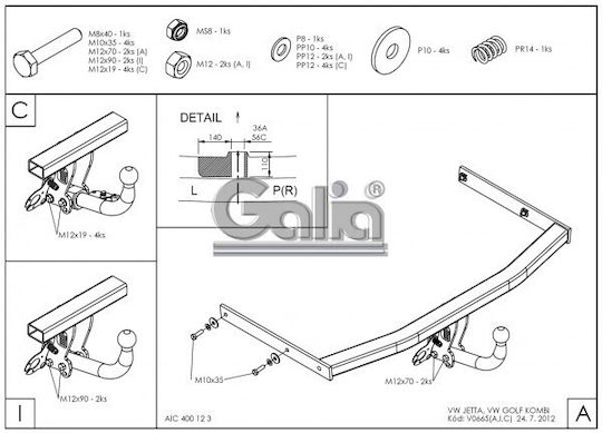 Galia Automatic Tow Hook Car Volkswagen Golf Kombi 2007 - 2009 Automatic Maximum Towing Weight 1600kg