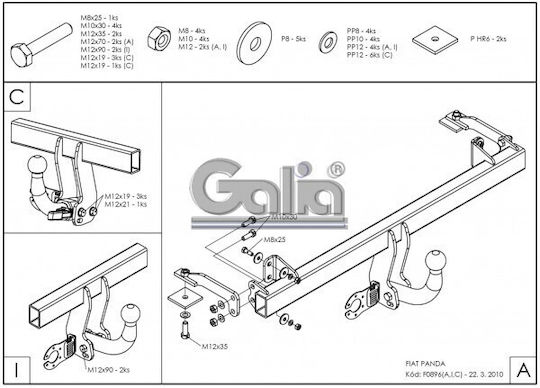 Galia Tow Hook Car Fiat Panda Hatchback 2003 - 2011 with Bolts Maximum Towing Weight 900kg with Screws