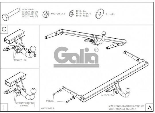 Galia Tow Hook Car Seat Leon Kombi 2017 with bolts Maximum Towing Weight 2000kg with Screws