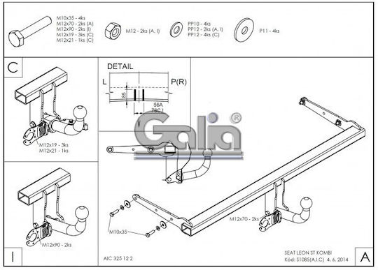 Galia Tow Hook Car Seat Leon Kombi 2013 - 2017 with bolts Maximum Towing Weight 1800kg with Screws