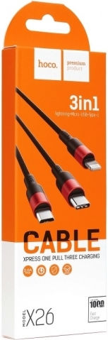 Hoco X26 Xpress Плетена USB към Lightning / Type-C / micro USB Кабел Червен 1м