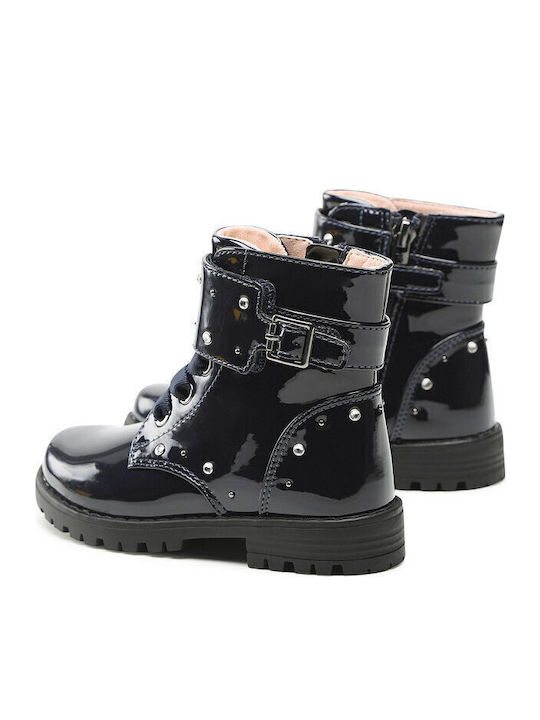 Biker Kids Boots from Patent Leather with Zipper Navy Blue