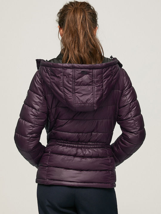 Alexa Women's Short Puffer Jacket Waterproof for Winter with Detachable Hood Purple