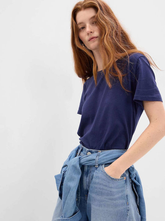 Women's Summer Blouse Cotton Short Sleeve Navy Blue