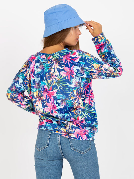 Rue Paris Women's Blouse Long Sleeve with V Neckline Floral Blue