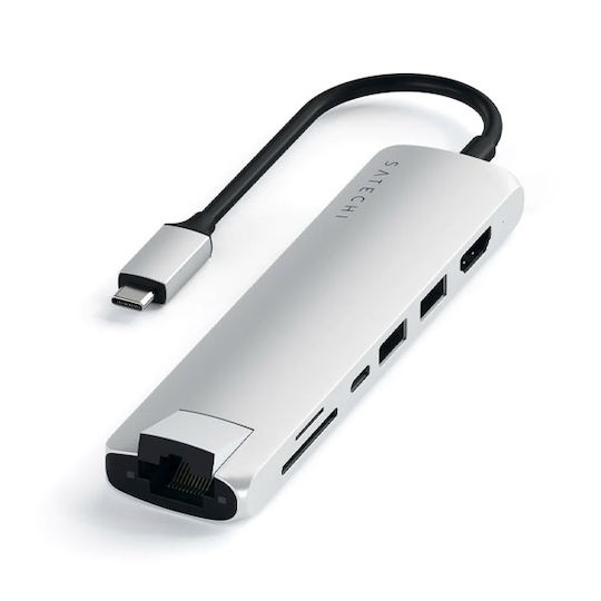 Satechi Slim Multi-Port USB-C Stație de andocare cu HDMI 4K PD Ethernet Argintiu