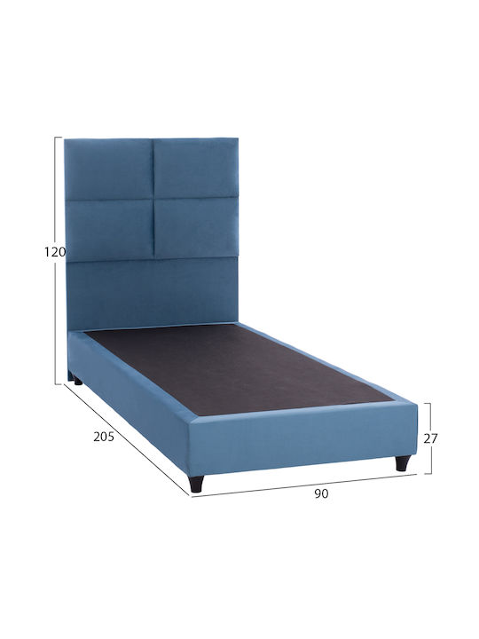 Milo Single Bed Upholstered with Blue Velvet for 90x200cm Mattress