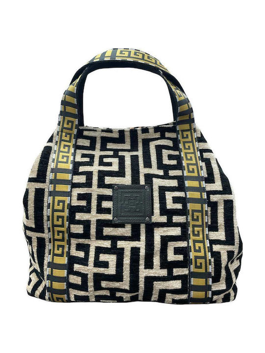 Ariadne Δερμάτινη Γυναικεία Τσάντα Tote Χειρός Beige/Black Chenille