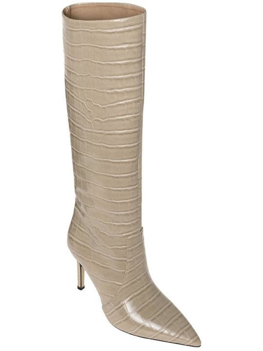 Leder Damenstiefel mit mittlerem Absatz Beige Croco