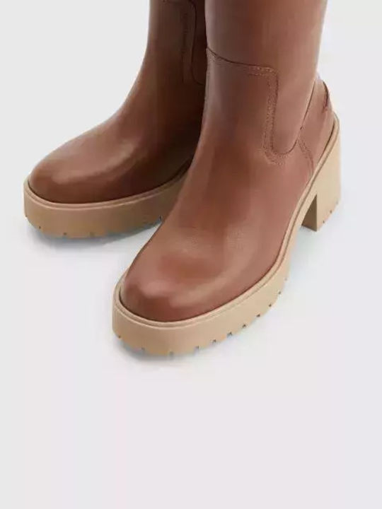 Leder Damenstiefel mit Mittelhohem Absatz Winter Cognac