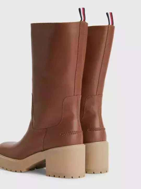 Leder Damenstiefel mit Mittelhohem Absatz Winter Cognac