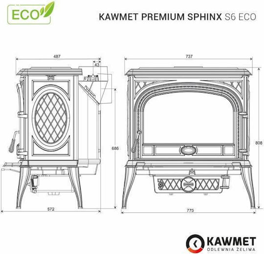 Kawmet Premium Sphinx S6 Eco Μαντεμένια Ξυλόσομπα 13.9kW Μαύρη