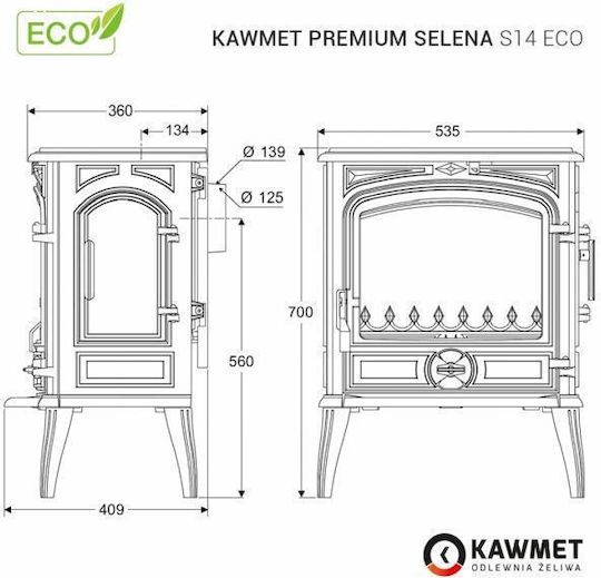 Kawmet Premium Selena S14 Eco Μαντεμένια Ξυλόσομπα 6.5kW Μαύρη