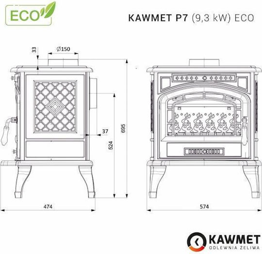 Kawmet P7 Eco Μαντεμένια Ξυλόσομπα 9.3kW Μαύρη