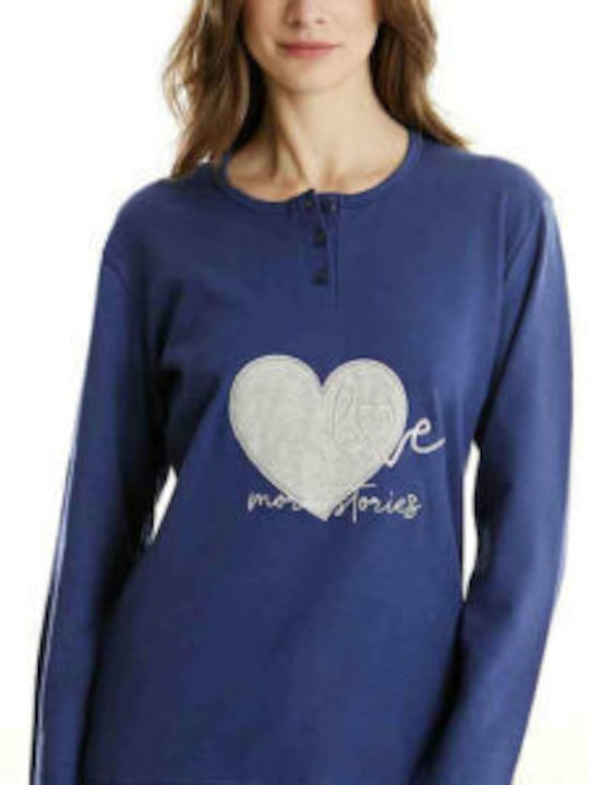 Happy People Damen Winter Pyjama Set Baumwolle Marineblau