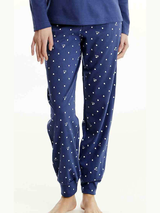 Happy People Damen Winter Pyjama Set Baumwolle Marineblau