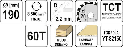 Yato YT-60636 Cutting Disc Wood 190mm with 60 Teeth 1pcs