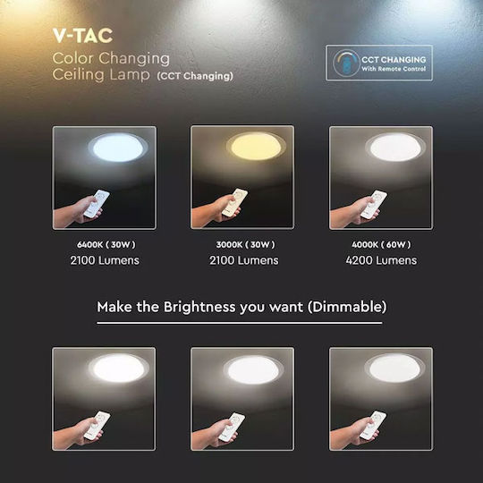 V-TAC Deckenleuchte 46.5cm Weiß mit Integrierter LED und Fernbedienung