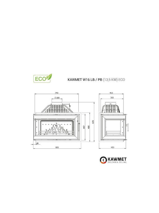 Kawmet W16 LB Eco Ενεργειακό Τζάκι Ξύλου 13.5kW Αριστερή Γωνία με Ανοιγόμενη Πόρτα