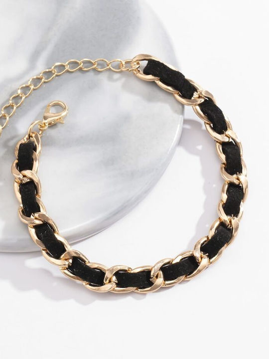 Women's bracelet with black leather, made of gold plated brass alloy and leatherette.