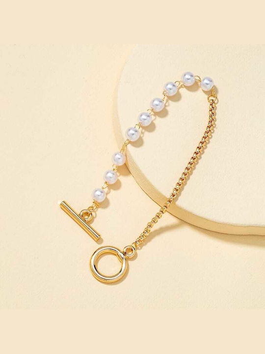 Women's bracelet with white pearls, made of gold plated brass alloy