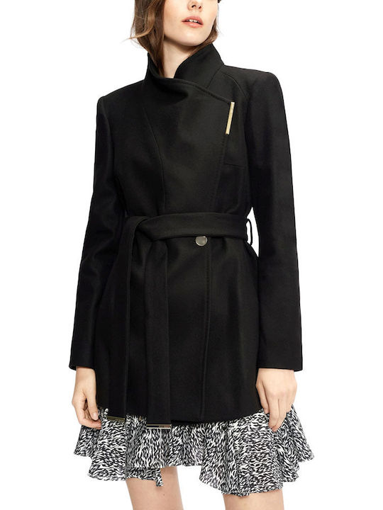 Wool Women's Black Peacoat with Belt