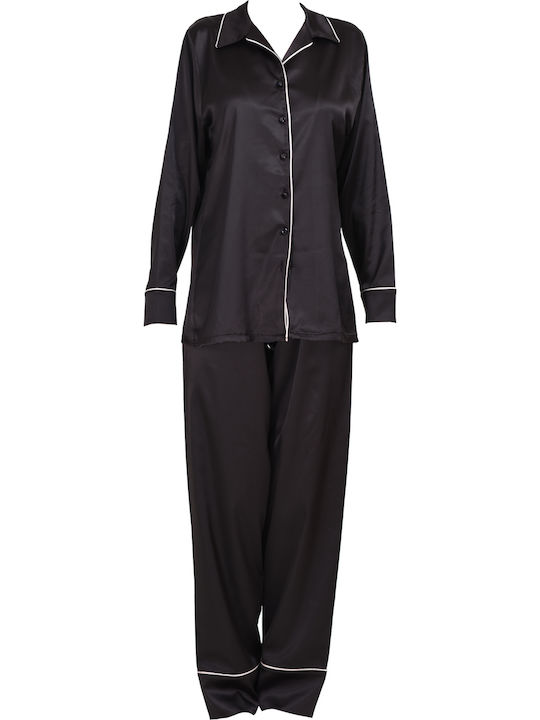 Miss Rosy Winter Damen Pyjama-Set Satin Schwarz