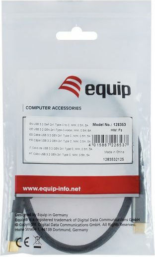 Equip Braided USB 3.2 Video Cable USB-C Male - USB-C 100W PD Black 1m 128354