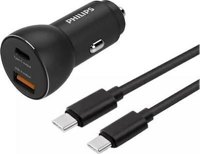 Philips Car Charger 36W 1.5A Fast Charging with Ports 1xUSB 1xType-C Black Colour