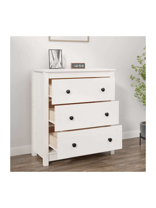 Chest of Drawers of Solid Wood with 3 Drawers White 70x35x80cm