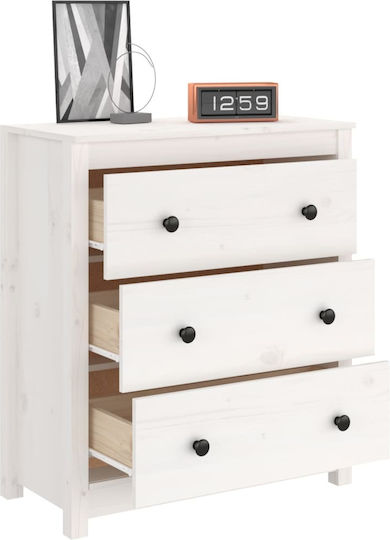 Chest of Drawers of Solid Wood with 3 Drawers White 70x35x80cm
