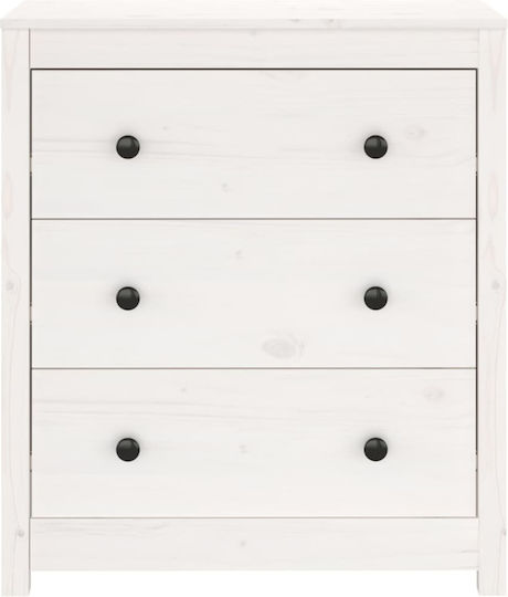 Chest of Drawers of Solid Wood with 3 Drawers White 70x35x80cm