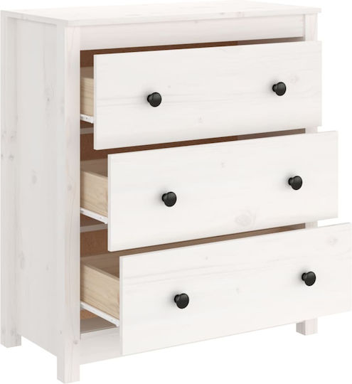 Chest of Drawers of Solid Wood with 3 Drawers White 70x35x80cm