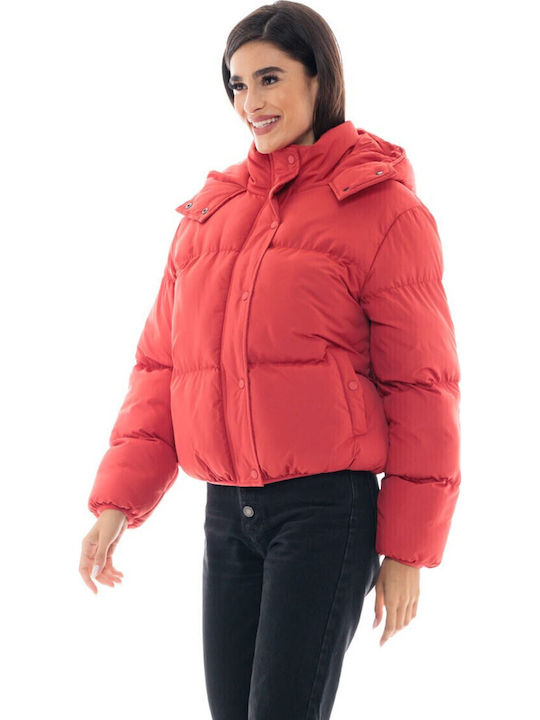 Women's Short Puffer Jacket for Winter with Hood Red