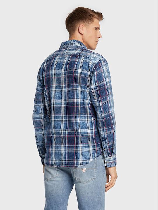 Guess Men's Shirt Long Sleeve Checked Blue