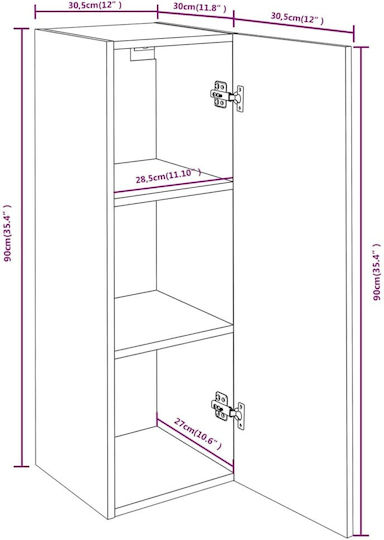 Wall-Mounted Living Room Cabinet made of Particle Board with Lighting Grey 30.5x30x90cm
