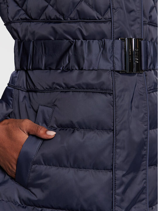 Women's Long Puffer Jacket for Winter with Hood Navy Blue